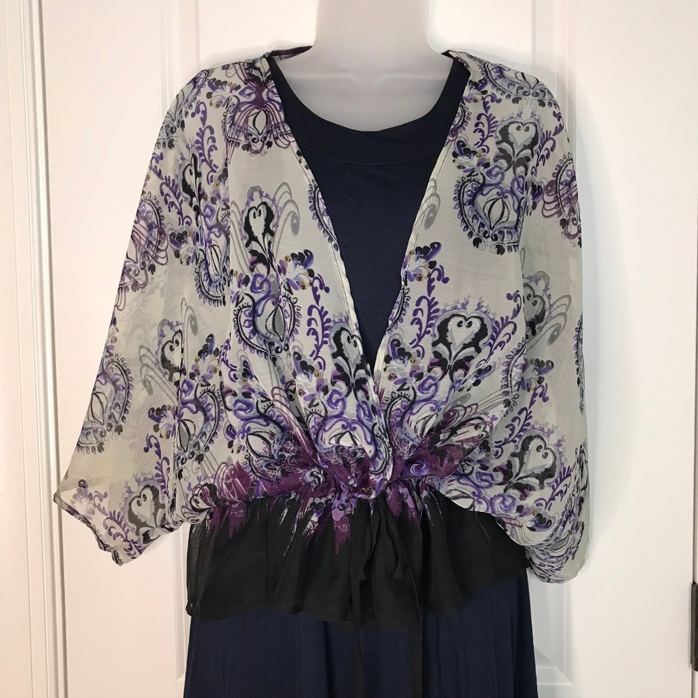 august silk Cream and Purple Floral Print Sheer Drawstring Tunic